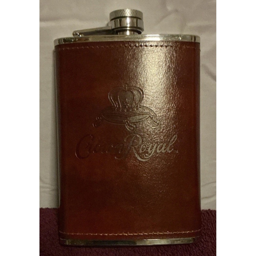 Crown Royal Stainless Steel 8 oz Flask Leather Wrapped.Whiskey Liquor Flask